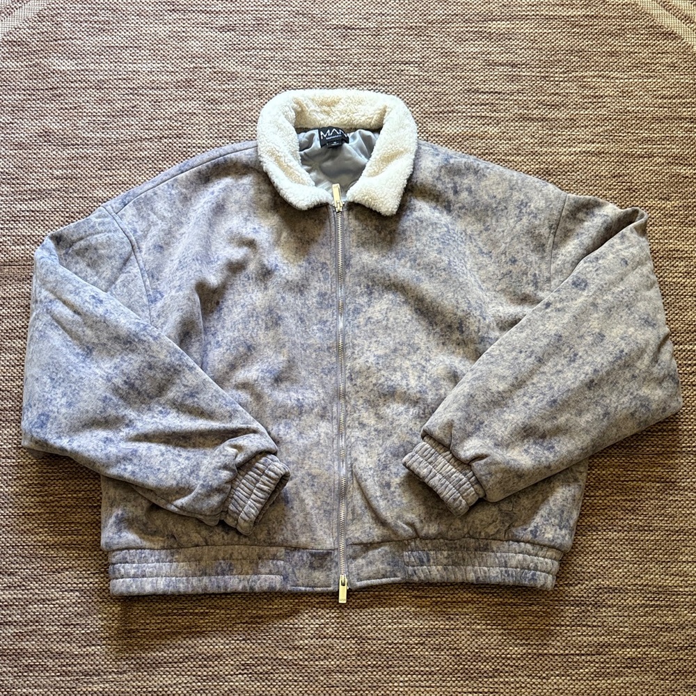 BoohooMAN Boxy Acid Wash Bomber with Borg Collar